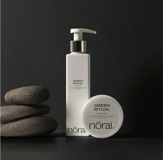 Two skincare products with 'nörai' branding on a dark background