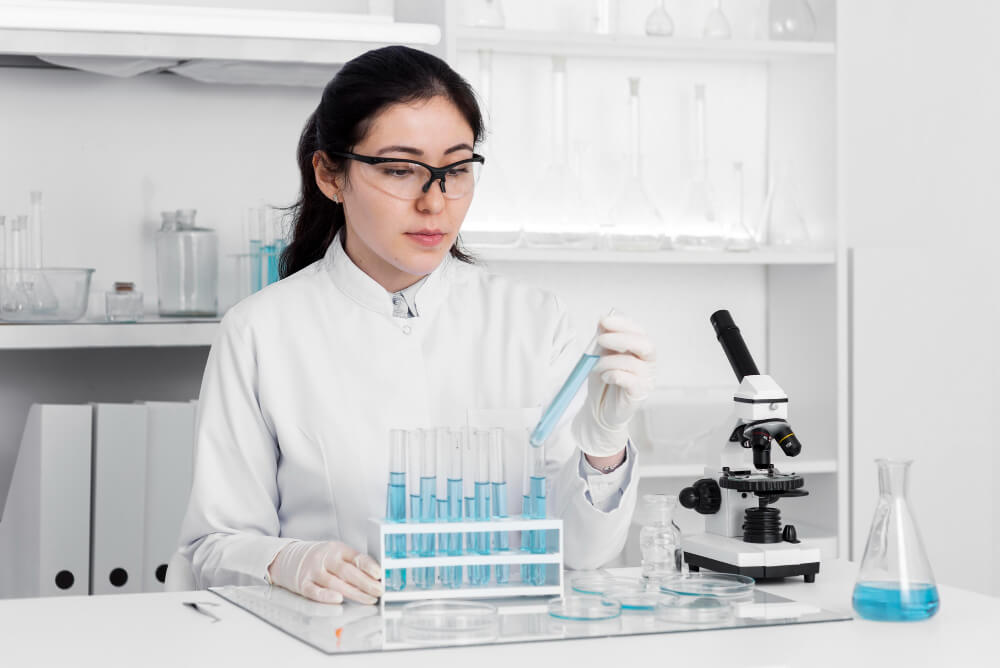 Scientist working in a laboratory with test tubes and a microscope.